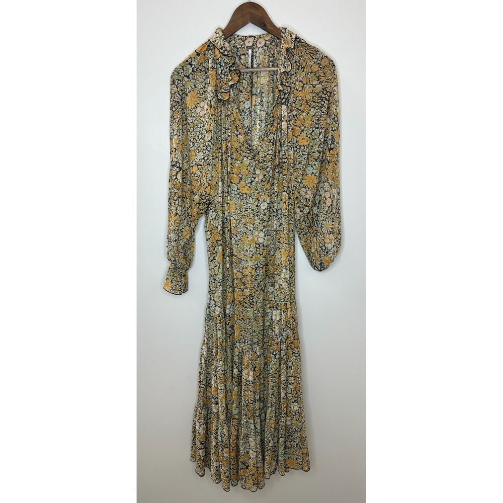 Free People Feeling Groovy Maxi Dress Yellow Floral Sheer Tiered LS Size Medium - Picture 2 of 16